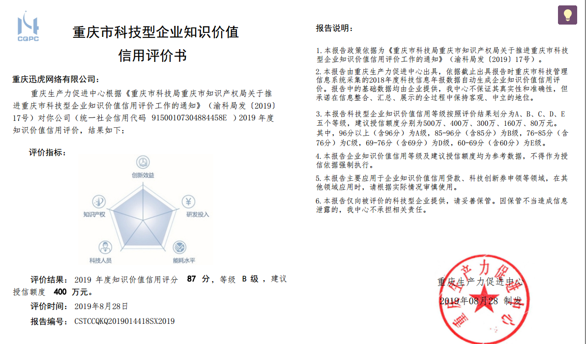 2019年重庆迅虎网络有限公司科技型企业知识价值信用评估结果如下