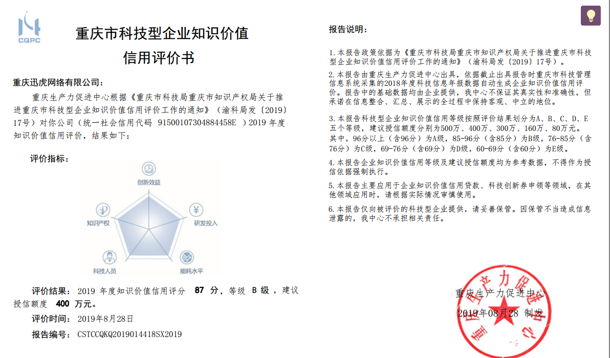 2019年重庆直数电子有限公司科技型企业知识价值信用评估结果如下